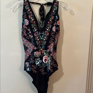 Johnny Was Black and Pink Floral One Piece Swimsuit